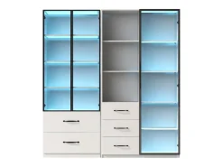 Vitrine 140×40×160 cm - com iluminação LED - 3 portas de vidro - 5 gavetas - branco