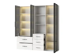 Vitrine 140×40×160 cm - com iluminação LED - 3 portas de vidro - 5 gavetas - branco