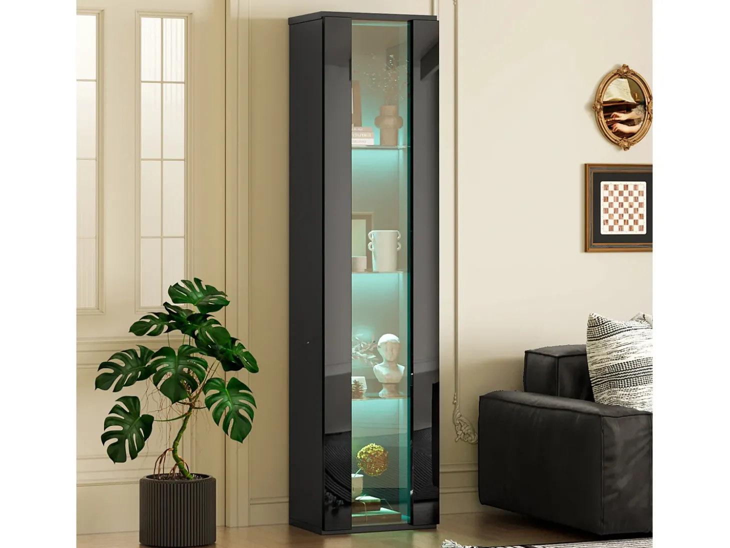 Vitrine 40×29×170 cm - iluminação LED multicolor com controle remoto - divisórias de vidro - preto