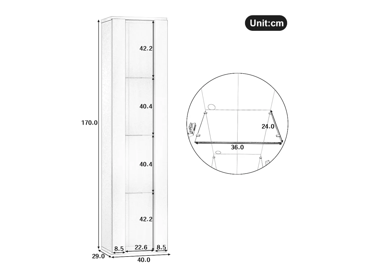 Vitrine 40×29×170 cm - iluminação LED multicolor com controle remoto - divisórias de vidro - preto