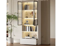 Vitrine alta de vidro - 80 x 34 x 180 cm - com 1 gaveta + portas de vidro + LEDs + prateleira aberta - MDF + vidro - branca