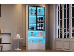 Vitrine alta de vidro - 80 x 34 x 180 cm - com 1 gaveta + portas de vidro + LEDs + prateleira aberta - MDF + vidro - branca