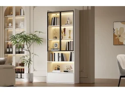 Vitrine alta de vidro - 80 x 34 x 180 cm - com 1 gaveta + portas de vidro + LEDs + prateleira aberta - MDF + vidro - branca