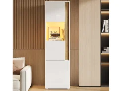 Vitrine alta moderna - 50 x 40 x 179 cm - com LEDs + 4 portas - para sala de estar/escritório - Acrílico + aglomerado - Branco e natural