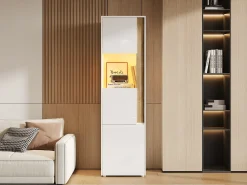 Vitrine alta moderna - 50 x 40 x 179 cm - com LEDs + 4 portas - para sala de estar/escritório - Acrílico + aglomerado - Branco e natural