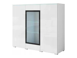 Vitrine alta moderna 120 cm para sala com LED, 3 portas, corpo branco mate, frentes branco brilho