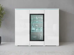 Vitrine alta moderna 120 cm para sala com LED, 3 portas, corpo branco mate, frentes branco brilho
