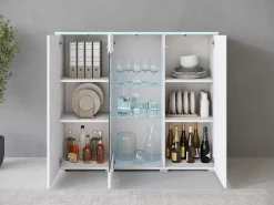 Vitrine alta moderna 120 cm para sala com LED, 3 portas, corpo branco mate, frentes branco brilho