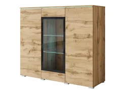 Vitrine alta moderna 120 cm para sala com LED, 3 portas, carvalho wotan