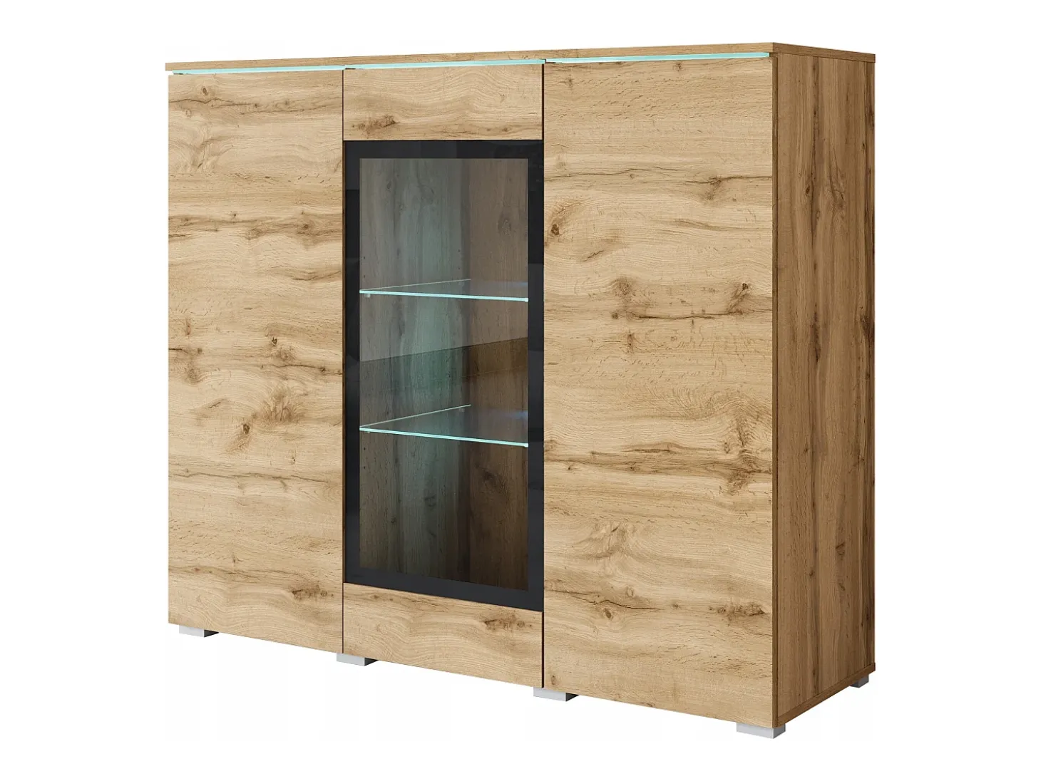 Vitrine alta moderna 120 cm para sala com LED, 3 portas, carvalho wotan