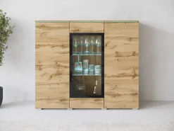 Vitrine alta moderna 120 cm para sala com LED, 3 portas, carvalho wotan