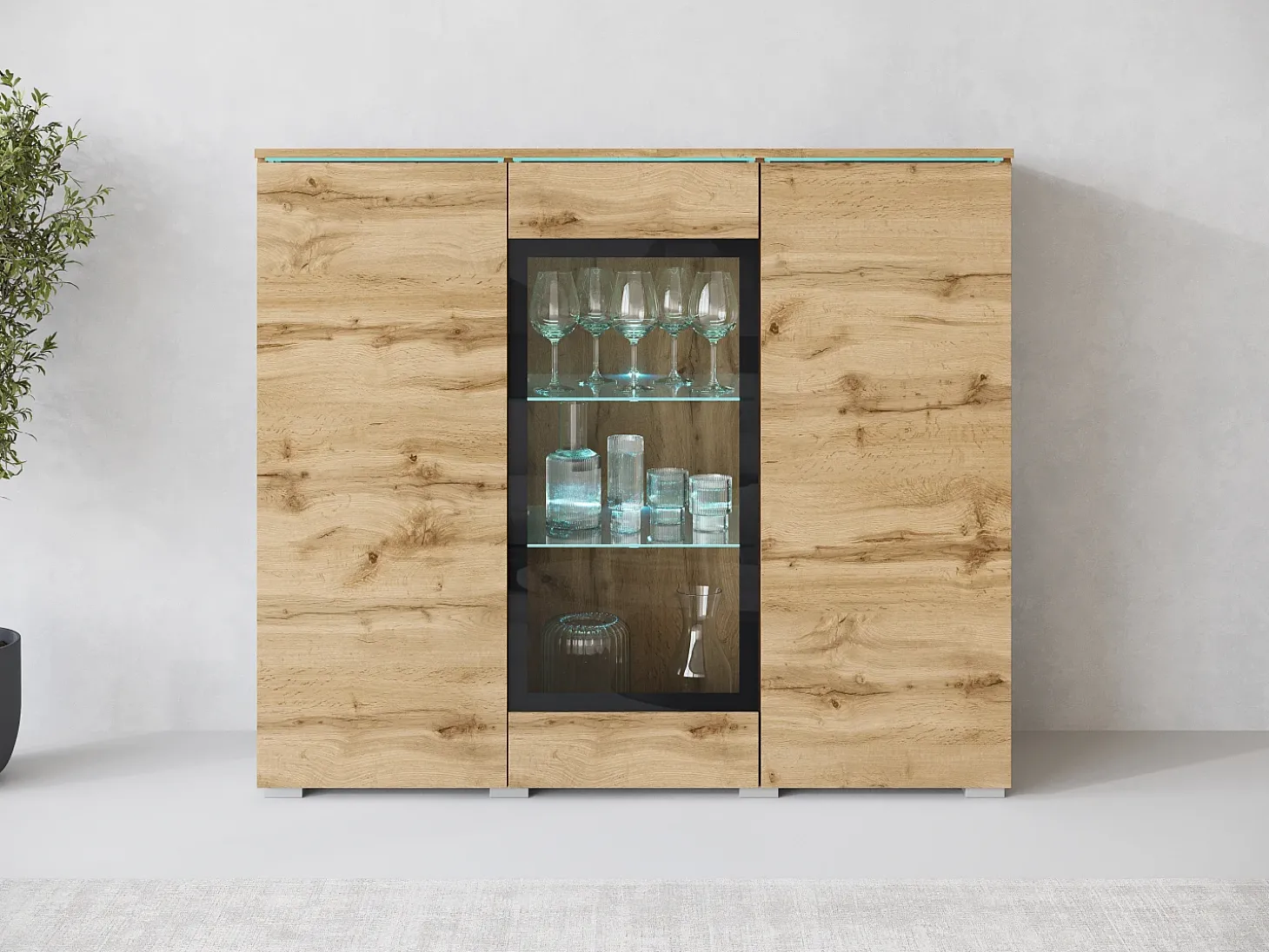 Vitrine alta moderna 120 cm para sala com LED, 3 portas, carvalho wotan