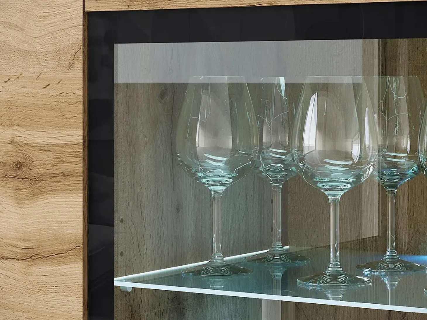 Vitrine alta moderna 120 cm para sala com LED, 3 portas, carvalho wotan