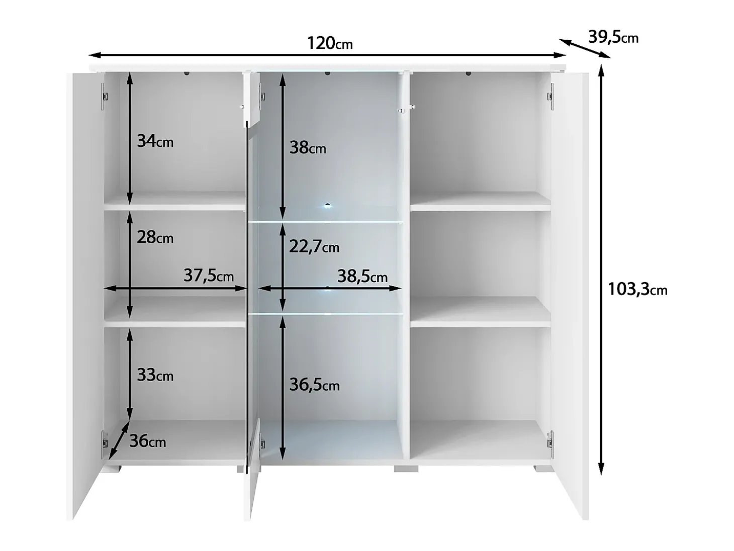 Vitrine alta moderna 120 cm para sala com LED, 3 portas, carvalho wotan