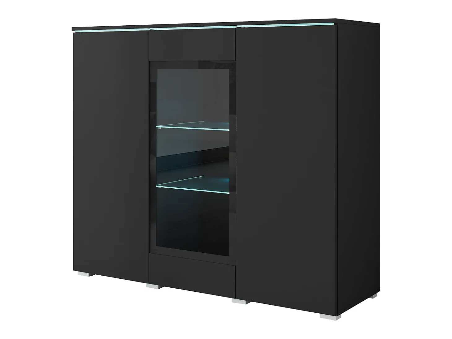 Vitrine alta moderna 120 cm para sala com LED, 3 portas, preto mate