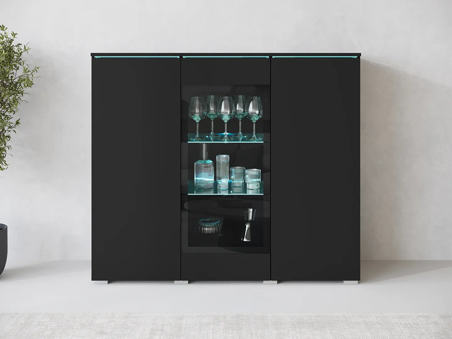 Vitrine alta moderna 120 cm para sala com LED, 3 portas, preto mate