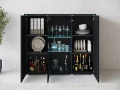 Vitrine alta moderna 120 cm para sala com LED, 3 portas, preto mate