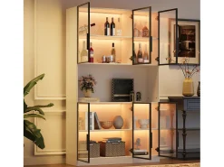 Vitrine alta moderna em vidro - 120 x 34 x 200 cm - com LEDs + 6 portas + prateleira - aglomerado - branca