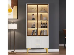 Vitrine branca com 2 portas de vidro marrom e 2 gavetas, LED incluso - 70x35x150cm