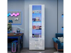 Vitrine brilhante - com LED - 3 gavetas e prateleiras - 60x35x180 cm - MDF - Branco