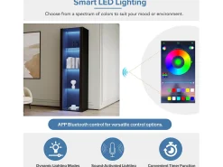 Vitrine brilhante com LEDs - 55 x 38 x 166 cm - 3 prateleiras de vidro - armários altos de armazenamento - aglomerado - preto