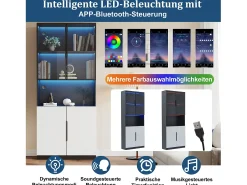 Vitrine com 8 portas - 160 x 30 x 200 cm - LEDs - Aglomerado e vidro - Branco