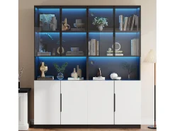 Vitrine com 8 portas - 160 x 30 x 200 cm - LEDs - Aglomerado e vidro - Branco