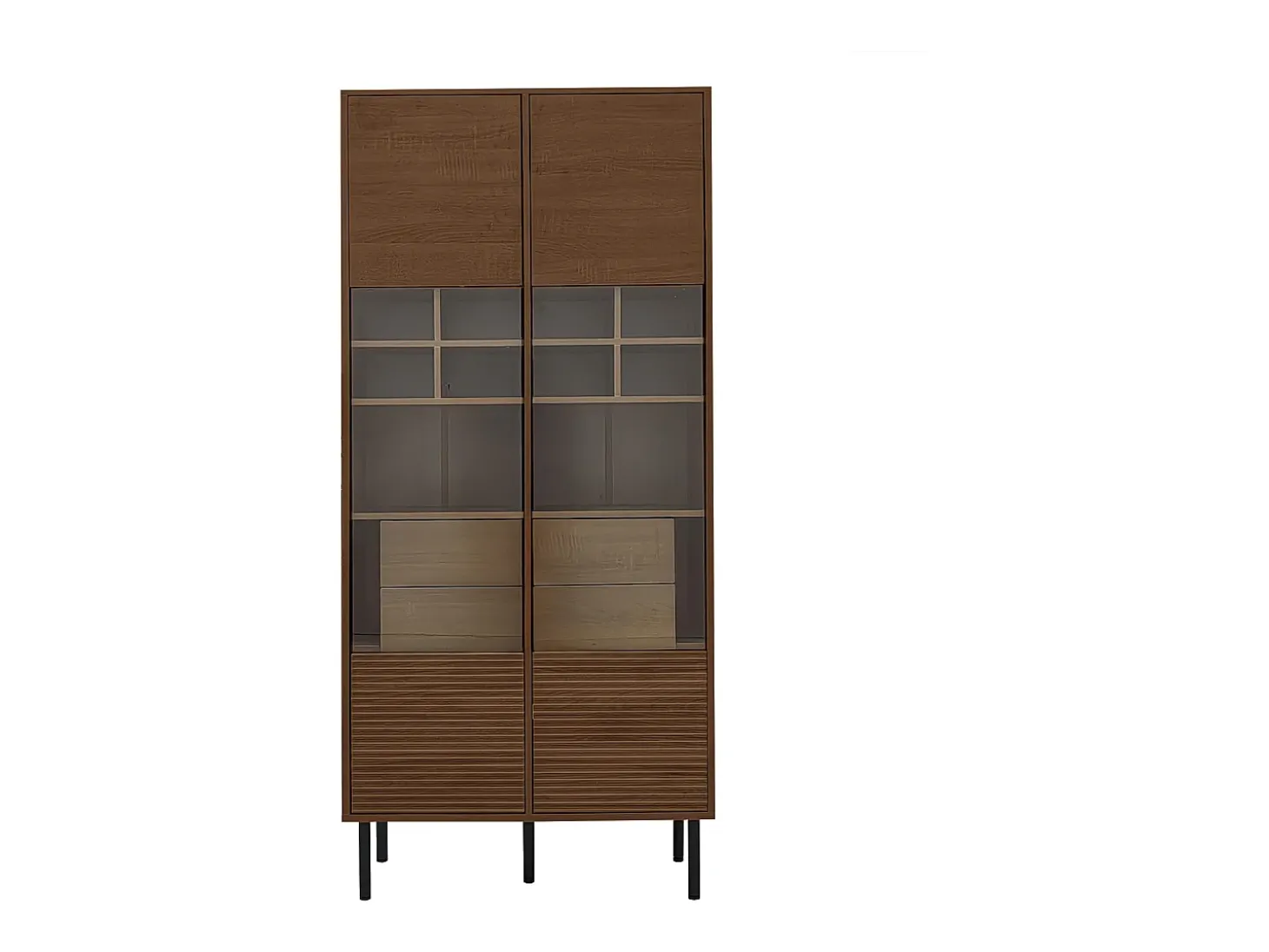 Vitrine com 2 portas de vidro e 4 gavetas - Cor madeira escura