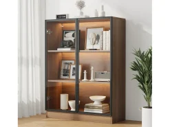 Vitrine com 2 portas de vidro - 80 x 32 x 106 cm - com 3 prateleiras + LEDs - aglomerado + vidro - Nogueira