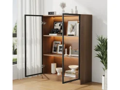 Vitrine com 2 portas de vidro - 80 x 32 x 106 cm - com 3 prateleiras + LEDs - aglomerado + vidro - Nogueira