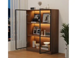 Vitrine com 2 portas de vidro - 80 x 32 x 106 cm - com 3 prateleiras + LEDs - aglomerado + vidro - Nogueira