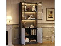 Vitrine com iluminação LED, 2 portas de vidro e 2 portas de madeira - Branco e preto