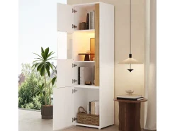 Vitrine com iluminação LED e 2 portas - Ideal para sala de estar, escritório e cozinha - Branco e natural - 50 x 40 x 179 cm