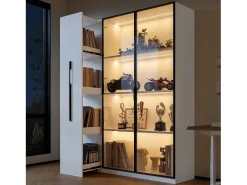 Vitrine com porta de vidro e iluminação LED - 110,5 x 35 x 160 cm - com prateleira lateral deslizante - MDF - branca
