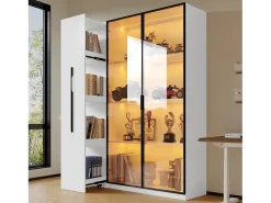 Vitrine com porta de vidro e iluminação LED - 110,5 x 35 x 160 cm - com prateleira lateral deslizante - MDF - branca