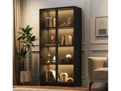 Vitrine de vidro - 80 x 40 x 160 cm - com LEDs + 2 portas de armazenamento com prateleiras móveis - aglomerado - preto