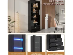 Vitrine de Vidro Brilhante - 60 x 180 x 35 cm - com LEDs - Vitrine Vertical com 3 Gavetas - MDF - Preto