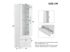 Vitrine de Vidro Brilhante - 60 x 180 x 35 cm - com LEDs - Vitrine Vertical com 3 Gavetas - MDF - Branco