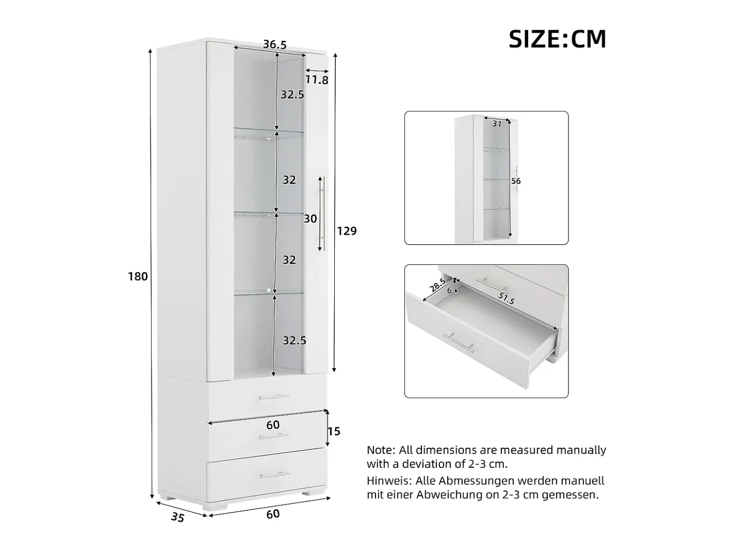Vitrine de Vidro Brilhante - 60 x 180 x 35 cm - com LEDs - Vitrine Vertical com 3 Gavetas - MDF - Branco