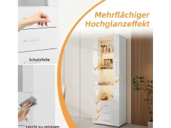 Vitrine de Vidro Brilhante - 60 x 180 x 35 cm - com LEDs - Vitrine Vertical com 3 Gavetas - MDF - Branco