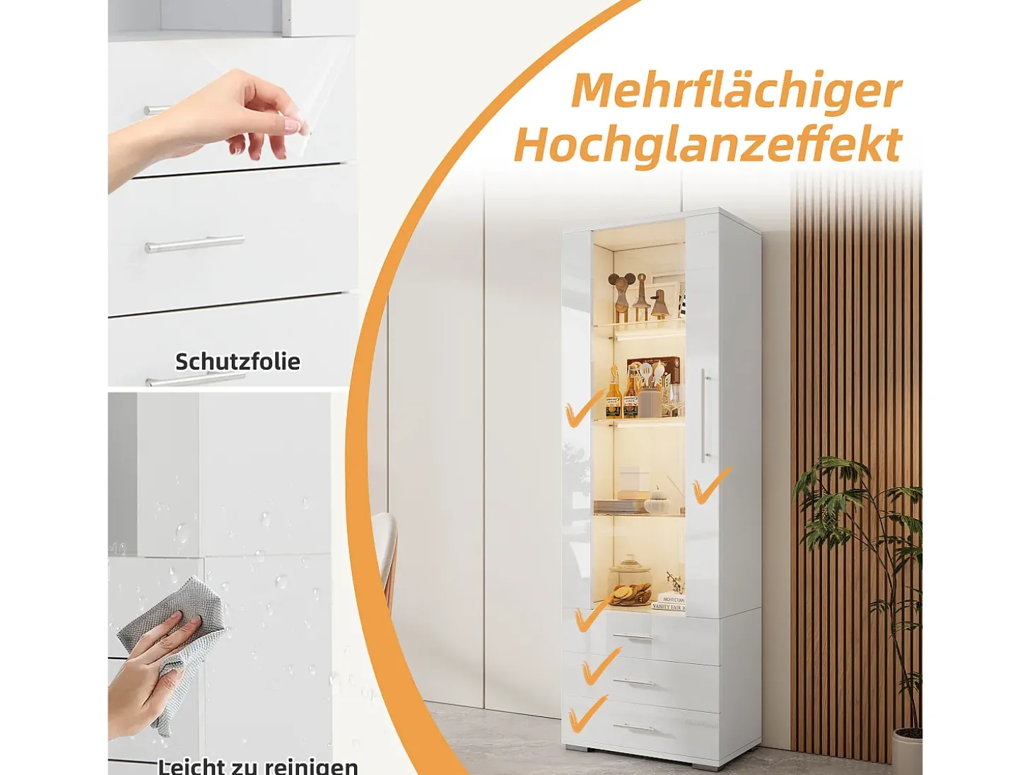 Vitrine de Vidro Brilhante - 60 x 180 x 35 cm - com LEDs - Vitrine Vertical com 3 Gavetas - MDF - Branco