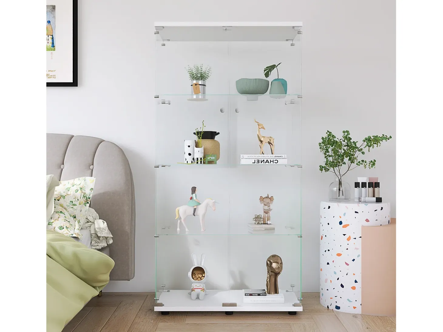 Vitrine de vidro com 4 prateleiras, 2 portas e fechadura, 164 x 80 x 36 cm, branca