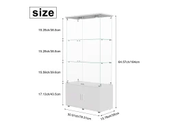 Vitrine de vidro com 3 prateleiras, armários e iluminação LED - Design moderno, Branco