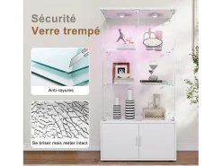 Vitrine de vidro com 3 prateleiras, armários e iluminação LED - Design moderno, Branco