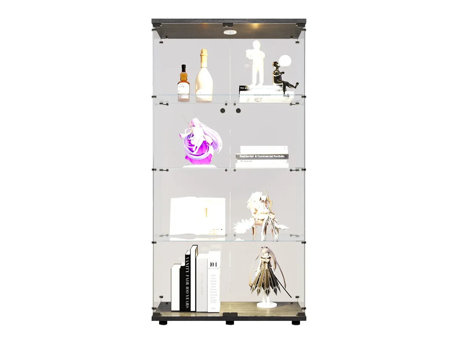Vitrine de vidro sobre suporte, LED, 2 portas com fechadura, 4 compartimentos, para coleções e decoração