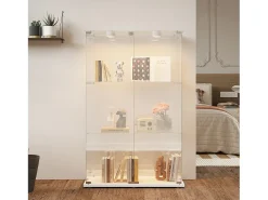 Vitrine independente de vidro branco com iluminação LED ativada por toque, 3 prateleiras e 2 portas.