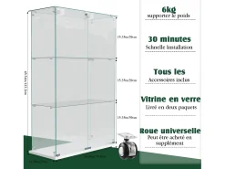 Vitrine independente de vidro branco com iluminação LED ativada por toque, 3 prateleiras e 2 portas.