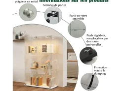 Vitrine independente de vidro branco com iluminação LED ativada por toque, 3 prateleiras e 2 portas.