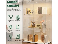 Vitrine independente de vidro branco com iluminação LED ativada por toque, 3 prateleiras e 2 portas.