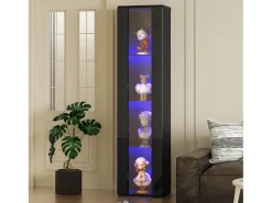 Vitrine multifuncional - 40 x 29 x 170 cm - com porta de vidro + LEDs - PB + Vidro - preto